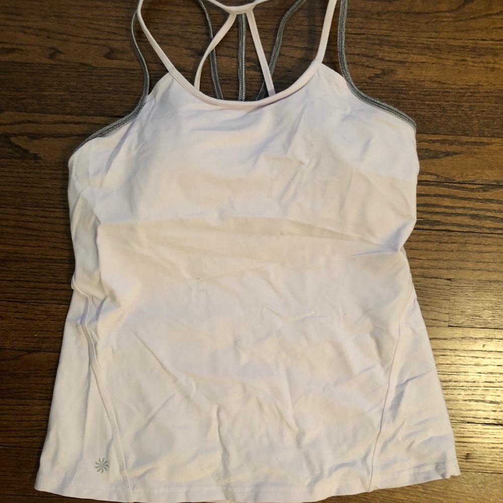 Athleta light pink and grey workout top.